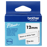 Fita adesiva doméstica BROTHER Btag 231, preta sobre branco. Largura: 12 mm. Comprimento: 4 m.