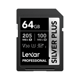 LEXAR 64GB PROFESSIONAL SILVER PLUS SDXC UHS-I CARDS,  UP TO 205MB/S READ 100MB/S WRITE C10 V30 U3