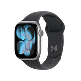 Estojo de alumínio cinza espacial de 42 mm para GPS Apple Watch Series 11 com pulseira esportiva preta - S/M