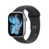 Capa de alumínio cinza espacial para Apple Watch Series 11 GPS de 46 mm com pulseira esportiva preta - S/M