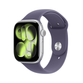 Capa de alumínio prateada para Apple Watch Series 11 GPS + Cellular de 46 mm com pulseira esportiva roxa Fog - M/L