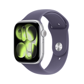 Capa de alumínio prateada para Apple Watch Series 11 GPS + Cellular de 46 mm com pulseira esportiva roxa Fog - M/L