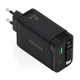 AISENS Cargador GaN 65W  1xUSB C Cable Retractil  1xUSB C PD3 0  1xUSB A QC3 0  Negro
